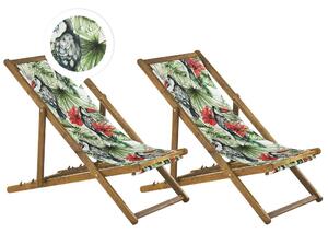 Set di 2 sedie a sdraio da giardino con struttura in legno di acacia chiaro motivo tucano in tessuto amaca sedile reclinabile pieghevole Beliani