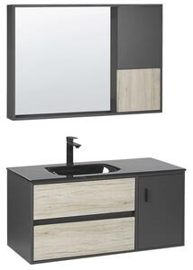 Mobile da bagno con specchio nero MDF legno chiaro 100 cm lavabo in ceramica armadio a muro Beliani