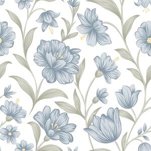 Carta da parati Fiori blu polverosi con foglie di olivo su sfondo bianco, Parati fiori e piante classici, a00780 : Uwalls.it