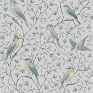 Carta da parati Uccelli sui rami, schema grigio-blu, Parati fiori e piante classici, a00782 : Uwalls.it