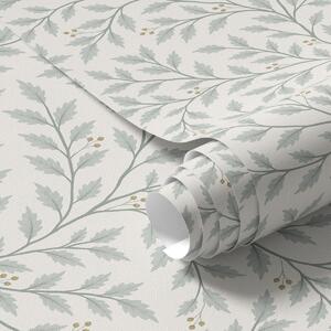 Carta da parati Rami con foglie e bacche, crema chiara e salvia, Parati fiori e piante classici, a00783 : Uwalls.it