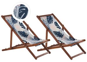 Set di 2 sedie a sdraio da giardino struttura legno acacia scuro con motivo a foglie di palma in tessuto amaca sedile reclinabile pieghevole Beliani