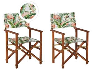 Set di 2 sedie da regista da giardino in legno scuro d'acacia con tessuto di ricambio in tessuto acacia fenicottero bianco sporco con 2 Tele intercambiabili Beliani