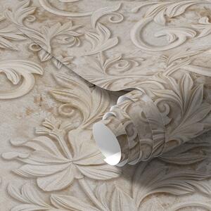 Carta da parati Rilievo in pietra con volute floreali, beige vintage, Parati fiori e piante classici, a00784 : Uwalls.it