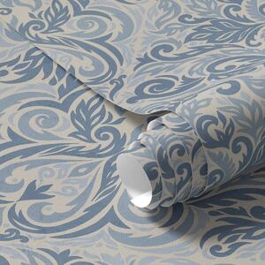 Carta da parati Damasco classico, motivi blu su sfondo crema, Parati stile asiatico classici, a00826v1 : Uwalls.it