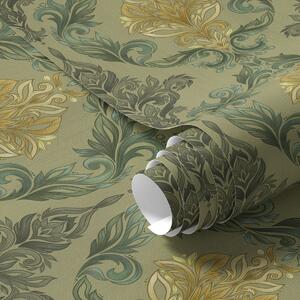 Carta da parati Damasco con volute vegetali, palette ocra oliva, Parati stile orientale classici, a00828 : Uwalls.it