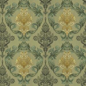 Carta da parati Damasco con volute vegetali, palette ocra oliva, Parati stile orientale classici, a00828 : Uwalls.it