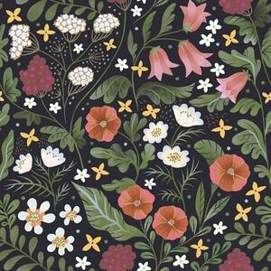 Carta da parati Fiori selvatici e bacche su sfondo nero intenso, Parati fiori e piante classici, a00849v3 : Uwalls.it