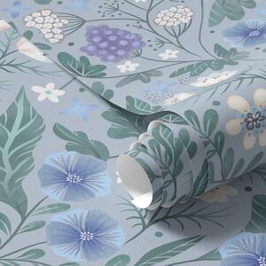 Carta da parati Fiori selvatici e bacche su sfondo grigio-blu, Parati fiori e piante classici, a00849v1 : Uwalls.it