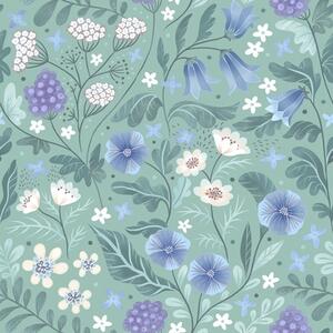 Carta da parati Fiori selvatici e bacche su sfondo color menta chiaro, Parati fiori e piante classici, a00849 : Uwalls.it