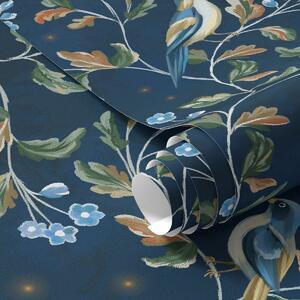 Carta da parati Tette sui rami, sfondo blu notte con scintille, Parati fiori e piante classici, a00858 : Uwalls.it