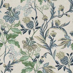 Carta da parati Fiori e foglie blu-verde su sfondo crema, Parati fiori e piante classici, a00863 : Uwalls.it