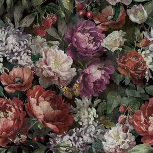 Carta da parati Peonie scure e drammatiche, bacche e farfalla su sfondo nero, Parati fiori e piante classici, a00862 : Uwalls.it