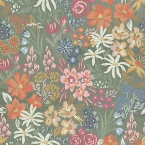 Carta da parati Fiori di campo dipinti su sfondo verde salvia, Parati fiori e piante classici, a00864 : Uwalls.it