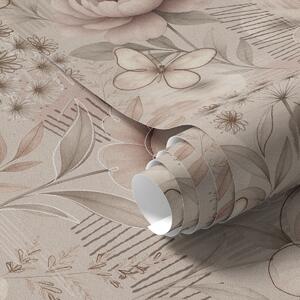 Carta da parati Motivi floreali color beige seppia con accenti lineari e farfalle, Parati fiori e piante classici, a00870 : Uwalls.it