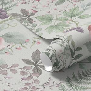 Carta da parati Giardino pastello con rose, felci e uva, Parati fiori e piante classici, a00867 : Uwalls.it