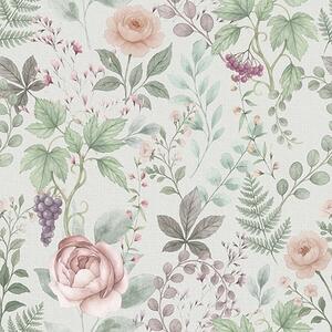 Carta da parati Giardino pastello con rose, felci e uva, Parati fiori e piante classici, a00867 : Uwalls.it