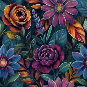 Carta da parati Fiori dai colori vivaci e brillanti su sfondo blu navy intenso, Parati fiori e piante classici, a00871 : Uwalls.it