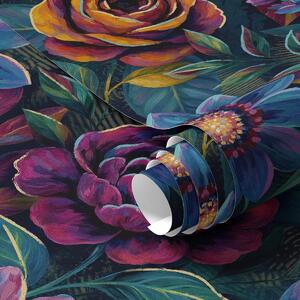 Carta da parati Fiori dai colori vivaci e brillanti su sfondo blu navy intenso, Parati fiori e piante classici, a00871 : Uwalls.it