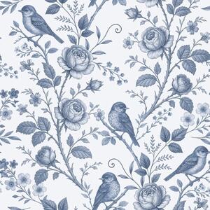 Carta da parati Uccelli e rose blu su fondo bianco, Parati fiori e piante classici, a00873 : Uwalls.it
