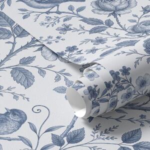 Carta da parati Uccelli e rose blu su fondo bianco, Parati fiori e piante classici, a00873 : Uwalls.it
