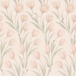 Carta da parati Tulipani pastello con libellule su sfondo rosa cipria, Parati fiori e piante classici, a00876 : Uwalls.it