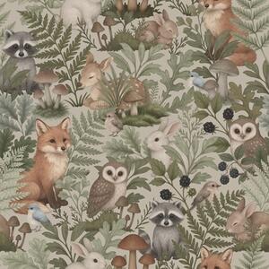 Carta da parati Animali del bosco, felci e funghi su sfondo beige chiaro, Parati foresta classici, a00880v1 : Uwalls.it