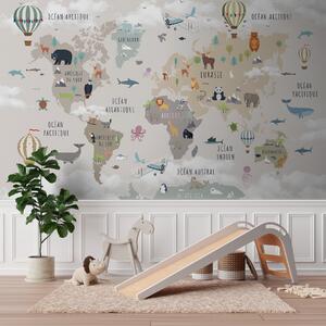 Carta da parati Mappa del mondo per bambini con animali e mongolfiere. Lingua francese., Carta da parati per Bambini, c00002fr : Uwalls.it