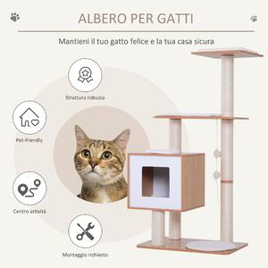 PawHut Albero Tiragraffi per Gatto Trespolo per gatti in Sisal con Cuccia, Piattaforme e Giochi, 60x40x120 cm legno, bianco |Aosom.it