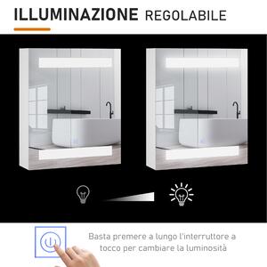 HOMCOM Armadietto Pensile da Bagno con 1 Anta, Specchio e Luci a LED | 2 Ripiani Interni | MDF Bianco (60 x 50 x 15cm)