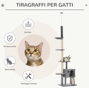 PawHut Tiragraffi per Gatti a Soffitto Multilivello, Albero gatto con Corde in Sisal, Piattaforme, Casetta e Amaca, Grigio, 60x40x230-280cm