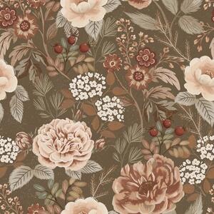 Carta da parati Rose e bacche dai colori caldi su sfondo marrone, Parati fiori e piante classici, a00868 : Uwalls.it