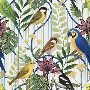 Carta da parati Uccelli esotici dai colori vivaci tra la vegetazione, Parati animali classici, Parati animali uccelli classici, a00887 : Uwalls.it