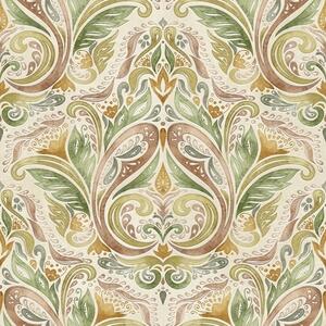 Carta da parati Acquerello con volute fogliate nei toni del verde e dell'ocra caldo, Parati stile asiatico classici, a00927 : Uwalls.it