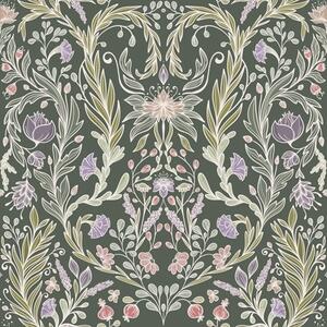 Carta da parati Ornamento floreale simmetrico su sfondo verde scuro, Parati fiori e piante classici, a00928 : Uwalls.it