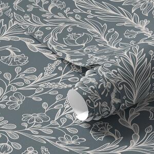 Carta da parati Ornamento floreale lineare su sfondo grigio-bluastro, Parati fiori e piante classici, a00929v1 : Uwalls.it