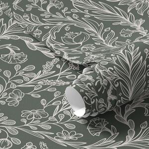 Carta da parati Motivo floreale lineare su sfondo verde scuro, Parati fiori e piante classici, a00929 : Uwalls.it