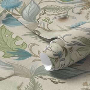 Carta da parati Germogli e foglie blu su sfondo beige chiaro, Parati fiori e piante classici, a00930 : Uwalls.it