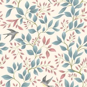 Carta da parati Rami blu e rosa con uccellini su sfondo color crema, Parati natura classici, Parati natura foglie classici, a00933 : Uwalls.it