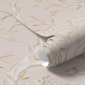 Carta da parati Rami fioriti beige con farfalle su uno sfondo tenue, Parati fiori e piante classici, a00951v2 : Uwalls.it