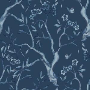 Carta da parati Rami fioriti blu con farfalle su sfondo scuro, Parati fiori e piante classici, a00951v1 : Uwalls.it