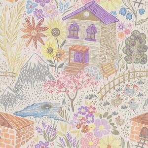 Carta da parati Disegno infantile di un villaggio con una casa, montagne e fiori, Parati fiori e piante classici, a00952 : Uwalls.it