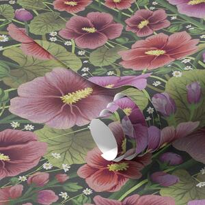 Carta da parati Fiori di ibisco dai colori vivaci e vegetazione su sfondo scuro, Parati fiori e piante classici, a00993v2 : Uwalls.it