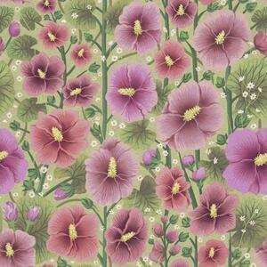 Carta da parati Grandi fiori e foglie di ibisco su sfondo verde scuro, Parati fiori e piante classici, a00993 : Uwalls.it