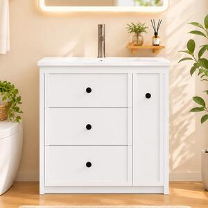 Mobile lavabo autoportante, 76 cm, bianco, verniciato, con lavabo in Vetroceramica