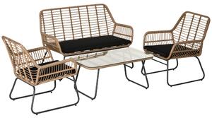 Outsunny Set Mobili da Giardino in Rattan PE con 2 Poltrone, Divanetto e Tavolino con Ripiano in Vetro
