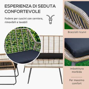 Outsunny Set Mobili Giardino Rattan PE, 2 Poltrone + Divanetto + Tavolino Vetro, Per Terrazzi e Giardini Accoglienti