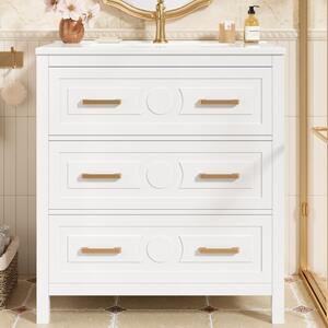 Mobile lavabo autoportante, bianco, dimensioni 76,5x47x82 cm, con 3 cassetti e lavabo in Vetroceramica integrato