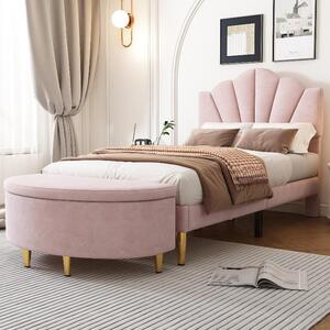 Letto imbottito 90x200 cm, color rosa, in velluto, con testiera regolabile in altezza e panca imbottita con spazio contenitore, ideale per la camera da letto