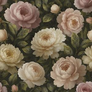 Carta da parati Peonie romantiche su uno sfondo botanico scuro, Parati fiori e piante classici, a00893 : Uwalls.it